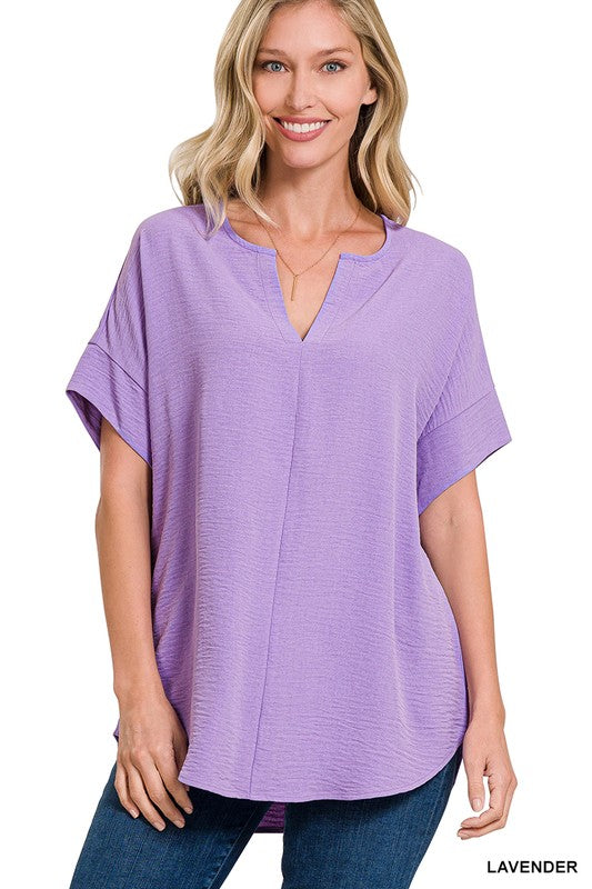 WOVEN AIRFLOW SPLIT NECK SHORT SLEEVE TOP