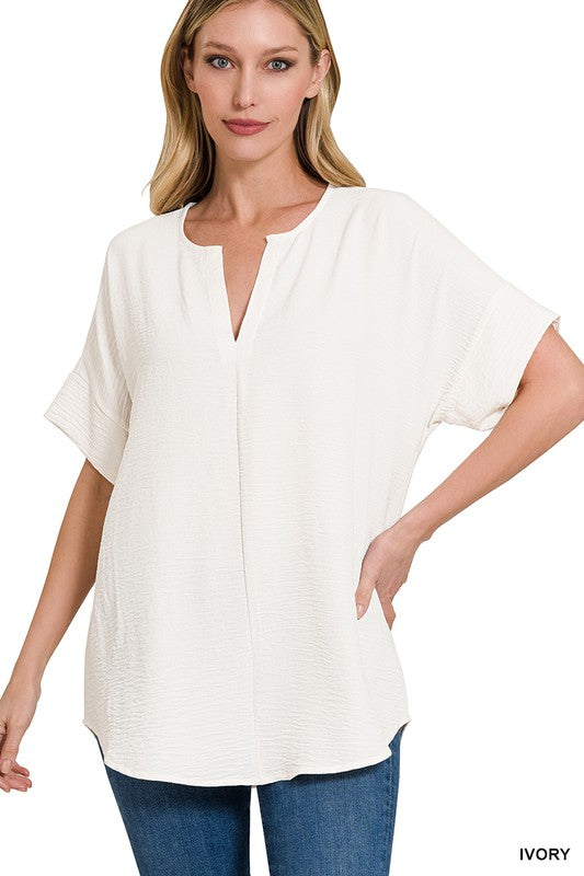 WOVEN AIRFLOW SPLIT NECK SHORT SLEEVE TOP