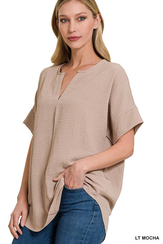 WOVEN AIRFLOW SPLIT NECK SHORT SLEEVE TOP