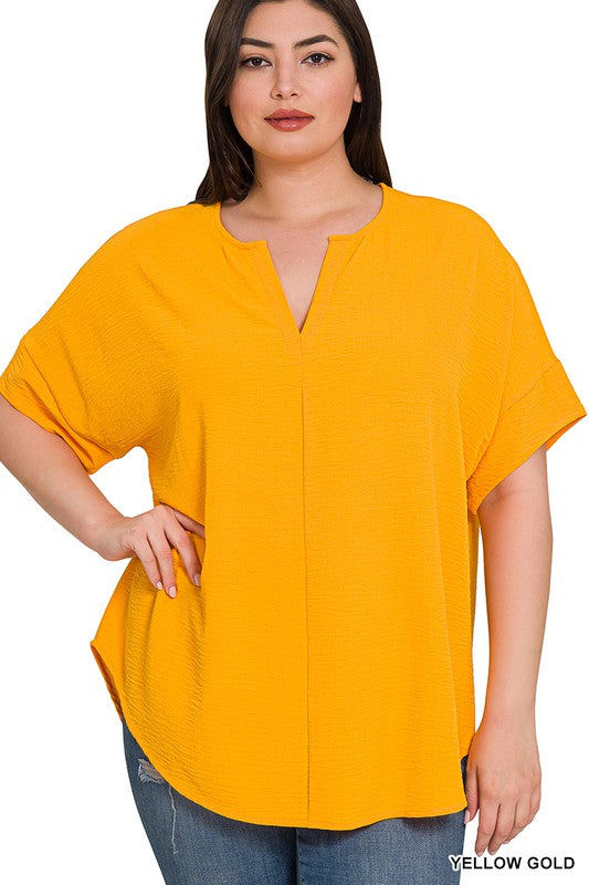 WOVEN AIRFLOW SPLIT NECK SHORT SLEEVE TOP