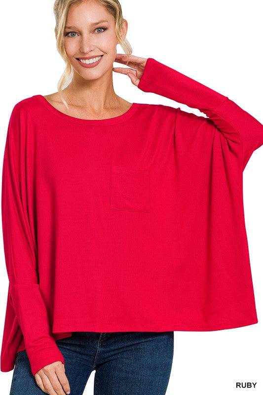 DOLMAN SLEEVE ROUND NECK TOP WITH FRONT POCKET