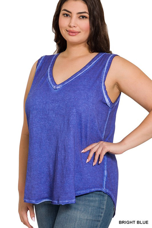 PLUS WASHED RAW EDGE V-NECK TANK TOP