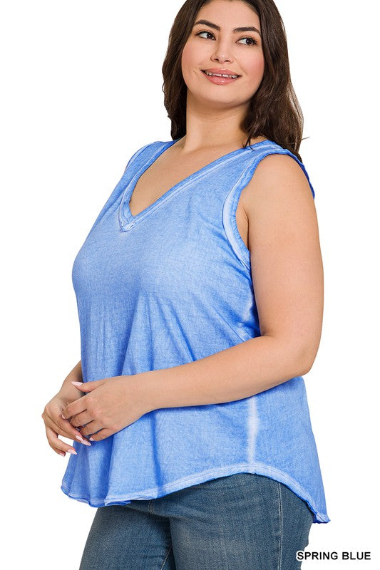 PLUS WASHED RAW EDGE V-NECK TANK TOP