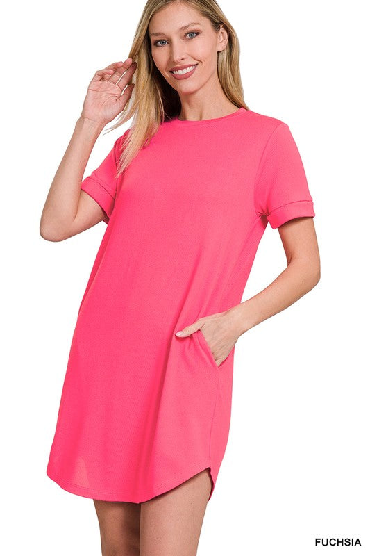 ROLLED SHORT SLEEVE ROUND NECK DRESS