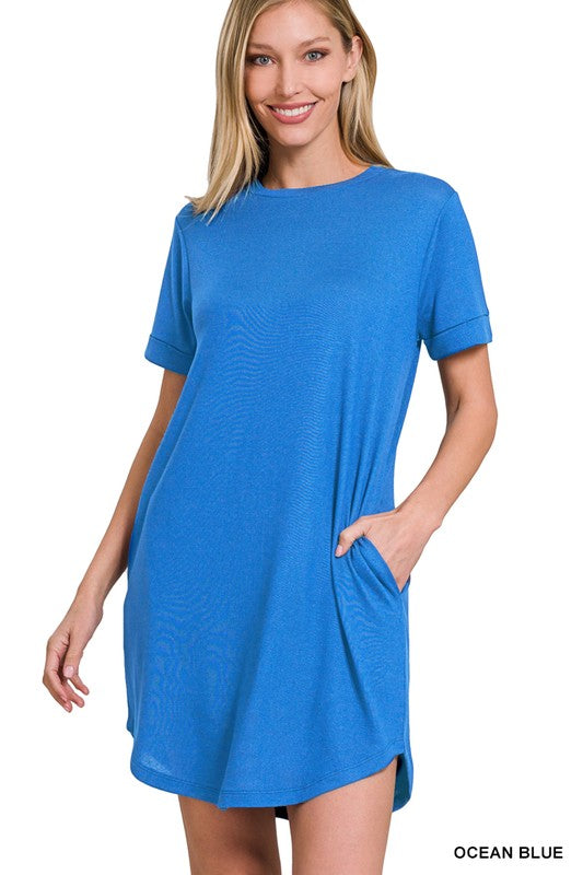 ROLLED SHORT SLEEVE ROUND NECK DRESS