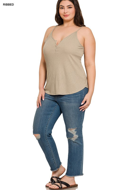 PLUS RIBBED HALF SNAP BUTTON CLOSURE CAMI TOP