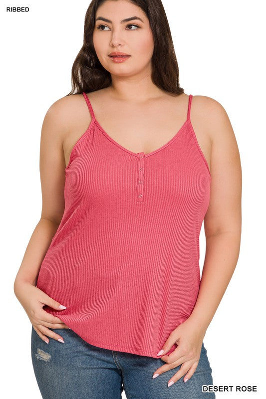 PLUS RIBBED HALF SNAP BUTTON CLOSURE CAMI TOP