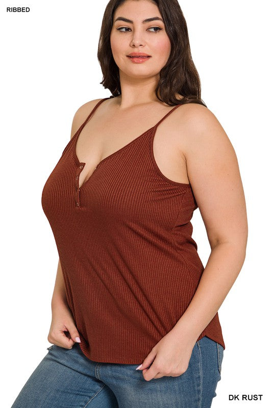 PLUS RIBBED HALF SNAP BUTTON CLOSURE CAMI TOP