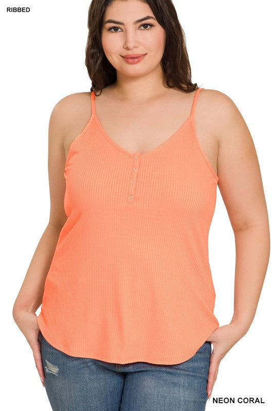 PLUS RIBBED HALF SNAP BUTTON CLOSURE CAMI TOP