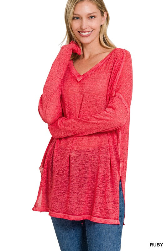 MELANGE BURNOUT DOLMAN SLEEVE V-NECK TOP