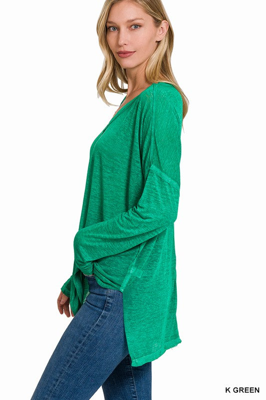 MELANGE BURNOUT DOLMAN SLEEVE V-NECK TOP