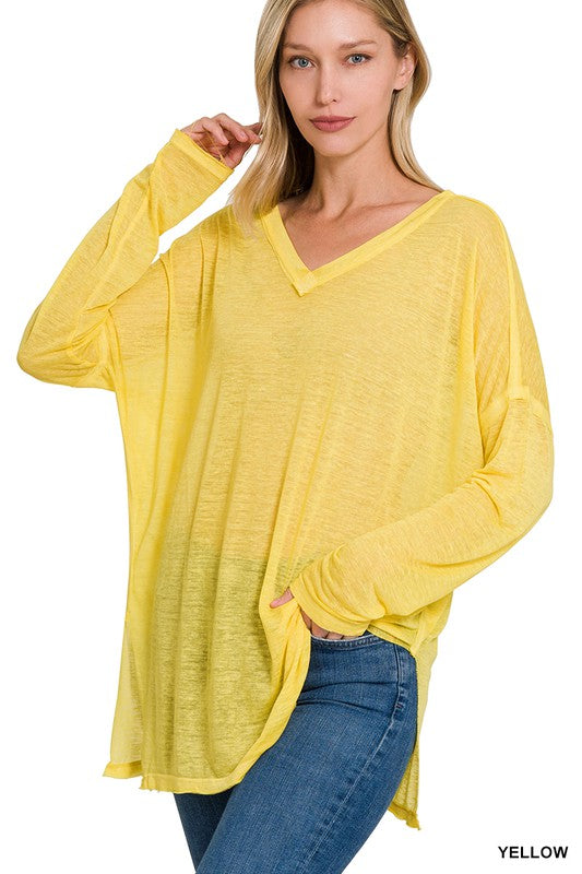 MELANGE BURNOUT DOLMAN SLEEVE V-NECK TOP