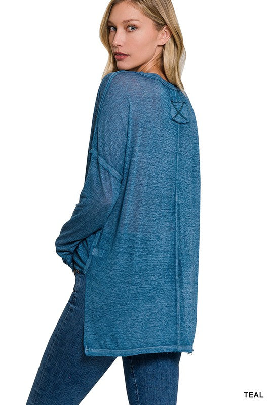 MELANGE BURNOUT DOLMAN SLEEVE V-NECK TOP