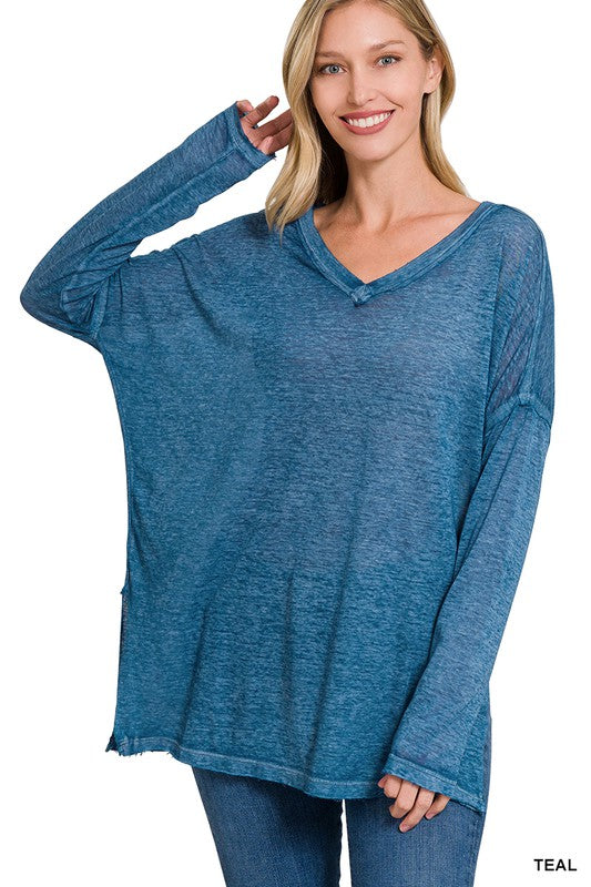 MELANGE BURNOUT DOLMAN SLEEVE V-NECK TOP