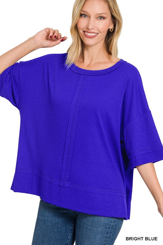 RIBBED BOAT NECK DOLMAN SLEEVE TOP W FRONT SEAM