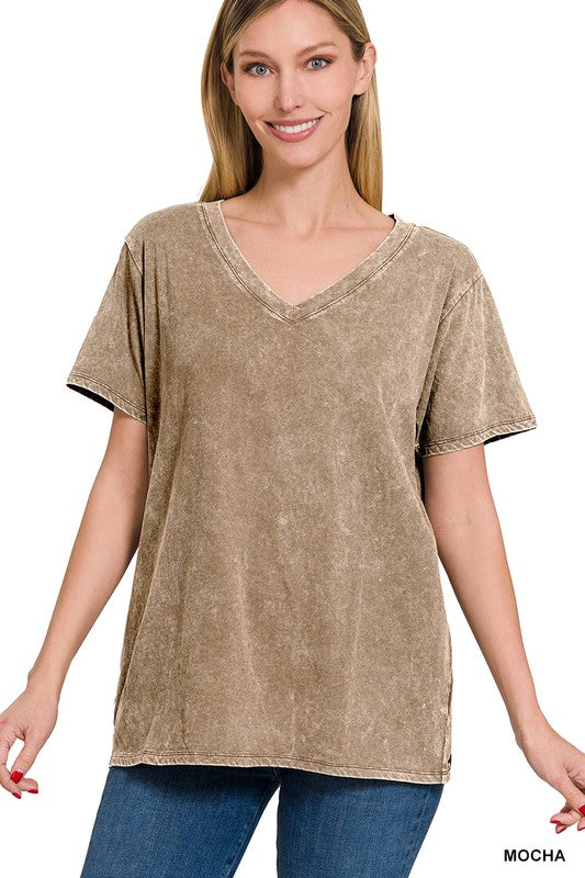 WASHED SHORT SLEEVE V-NECK TOP