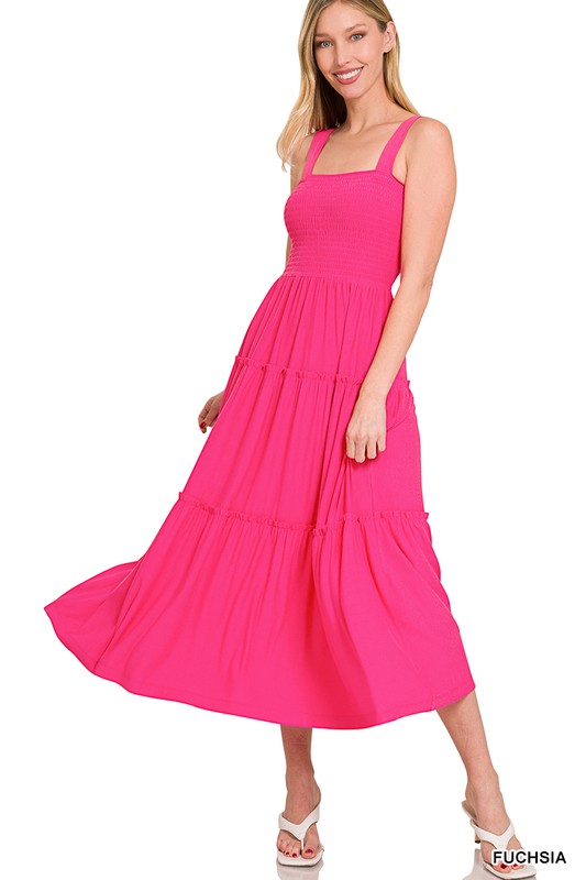 SMOCKED TIERED MIDI DRESS