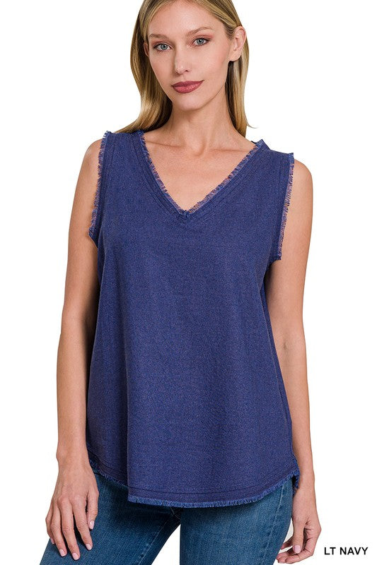 LINEN PRE-WASHED FRAYED EDGE V-NECK SLEEVELESS TOP