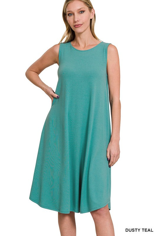 SLEEVELESS ROUND NECK ROUND HEM MIDI DRESS