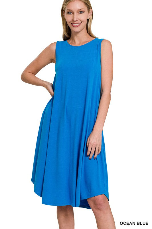 SLEEVELESS ROUND NECK ROUND HEM MIDI DRESS