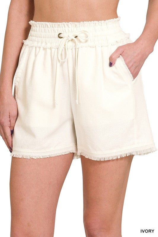 LINEN FRAYED HEM DRAWSTRING SHORTS WITH POCKETS