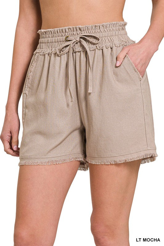 LINEN FRAYED HEM DRAWSTRING SHORTS WITH POCKETS