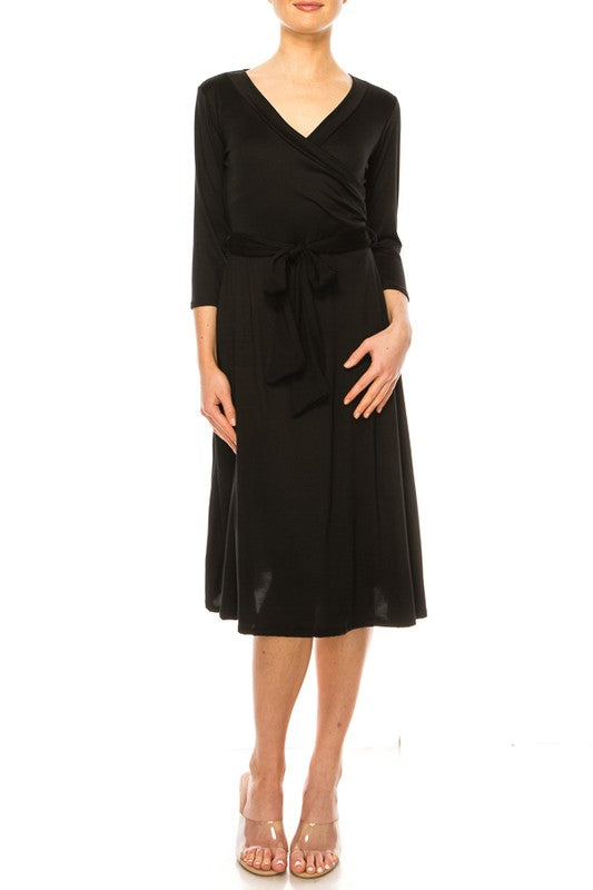 Solid faux wrap dress with deep V-neck