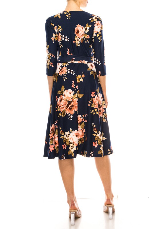 Floral print, faux wrap dress with deep V-neck