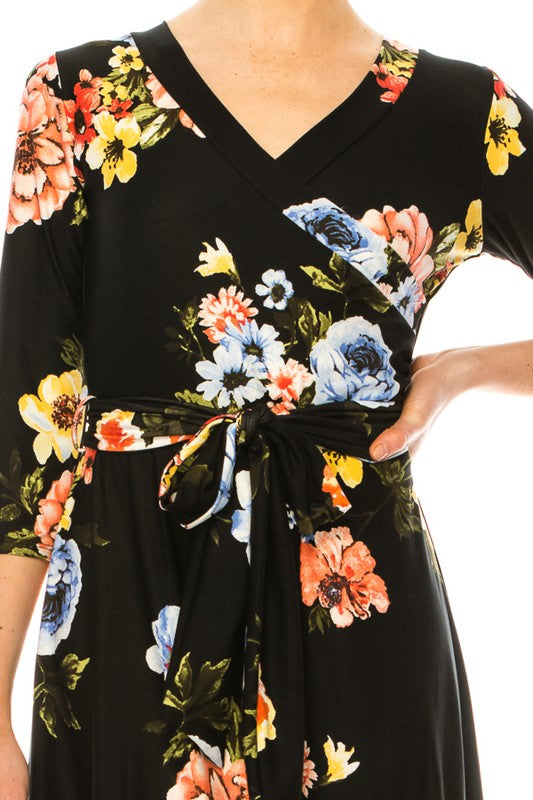 Floral print, faux wrap dress with deep V-neck