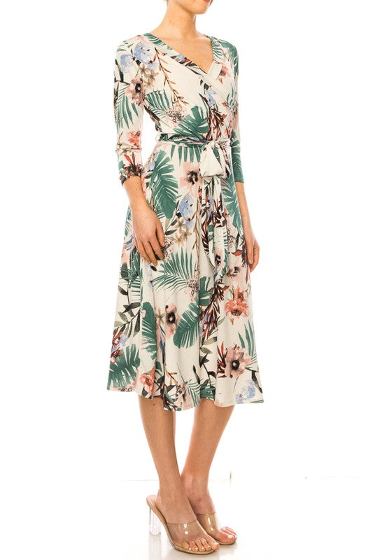 Floral print, faux wrap dress with deep V-neck