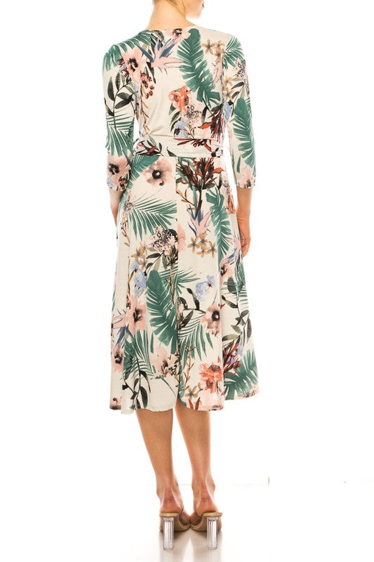 Floral print, faux wrap dress with deep V-neck