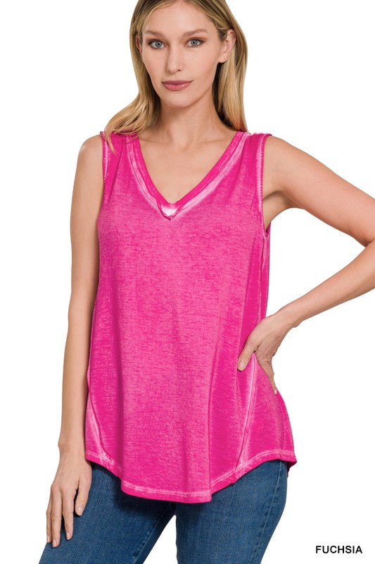 WASHED SLEEVELESS V-NECK TOP W HI-LOW HEM