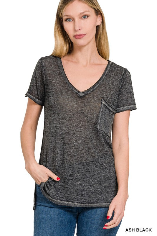 WASHED MELANGE BURNOUT SCOOP V-NECK TOP