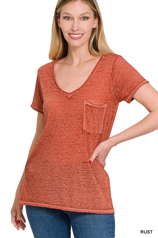 WASHED MELANGE BURNOUT SCOOP V-NECK TOP