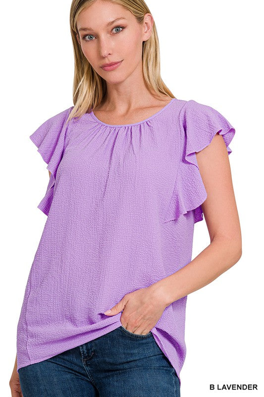 WOVEN BUBBLE AIRFLOW FLUTTER SLEEVE TOP