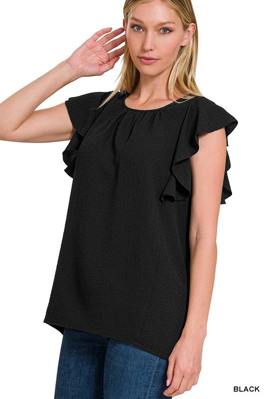 WOVEN BUBBLE AIRFLOW FLUTTER SLEEVE TOP