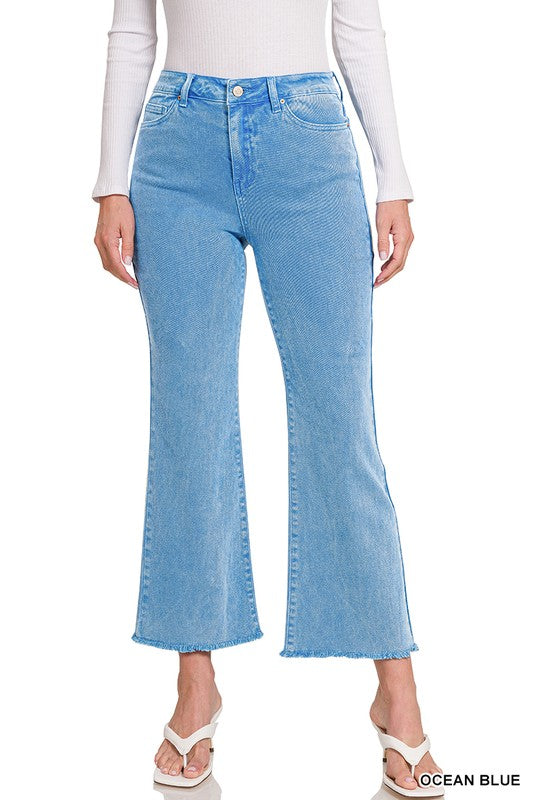 ACID WASHED HIGH WAIST FRAYED HEM BOOTCUT PANTS