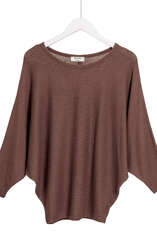 RIBBED BATWING LONG SLEEVE BOAT NECK SWEATER