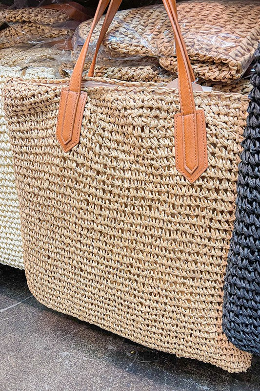 SUMMER BEACH BAG OUT SQUARE STRAW BRAIDED TOTE BAG