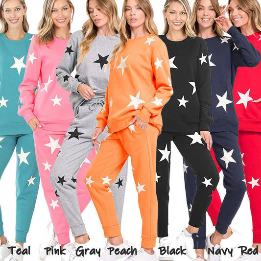 (Zenana) Star Pattern Sweatshirt & Sweatpants Set / Plain Sweatshirt