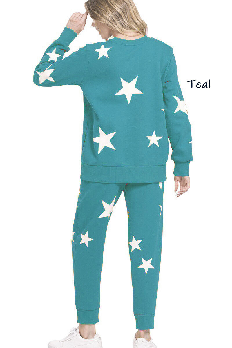 (Zenana) Star Pattern Sweatshirt & Sweatpants Set / Plain Sweatshirt