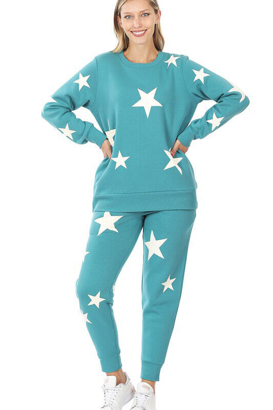 (Zenana) Star Pattern Sweatshirt & Sweatpants Set / Plain Sweatshirt