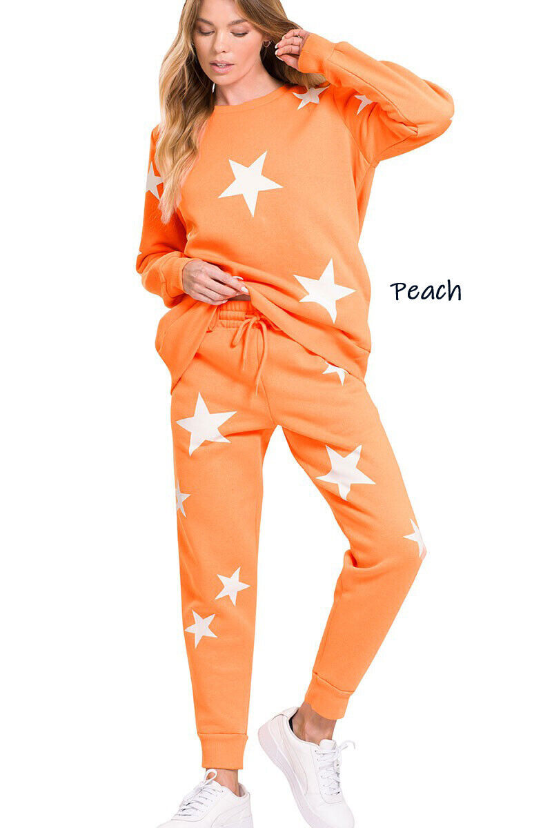 (Zenana) Star Pattern Sweatshirt & Sweatpants Set / Plain Sweatshirt