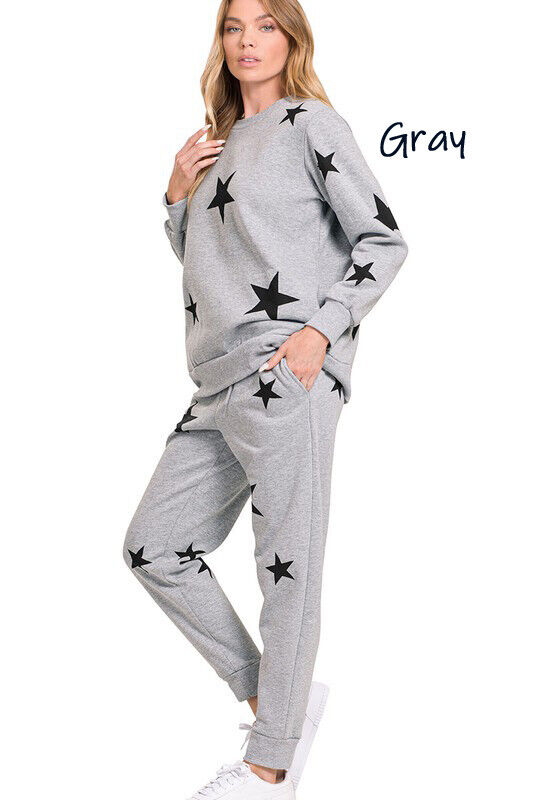 (Zenana) Star Pattern Sweatshirt & Sweatpants Set / Plain Sweatshirt