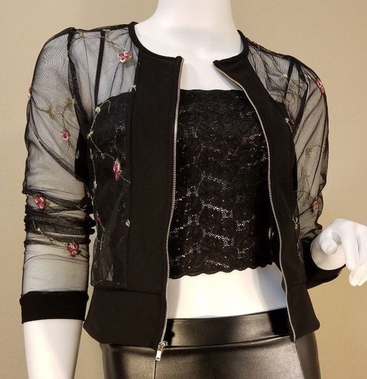 Fashion See-Through Flower Floral Zip Baseball Coat Jacket Blazer