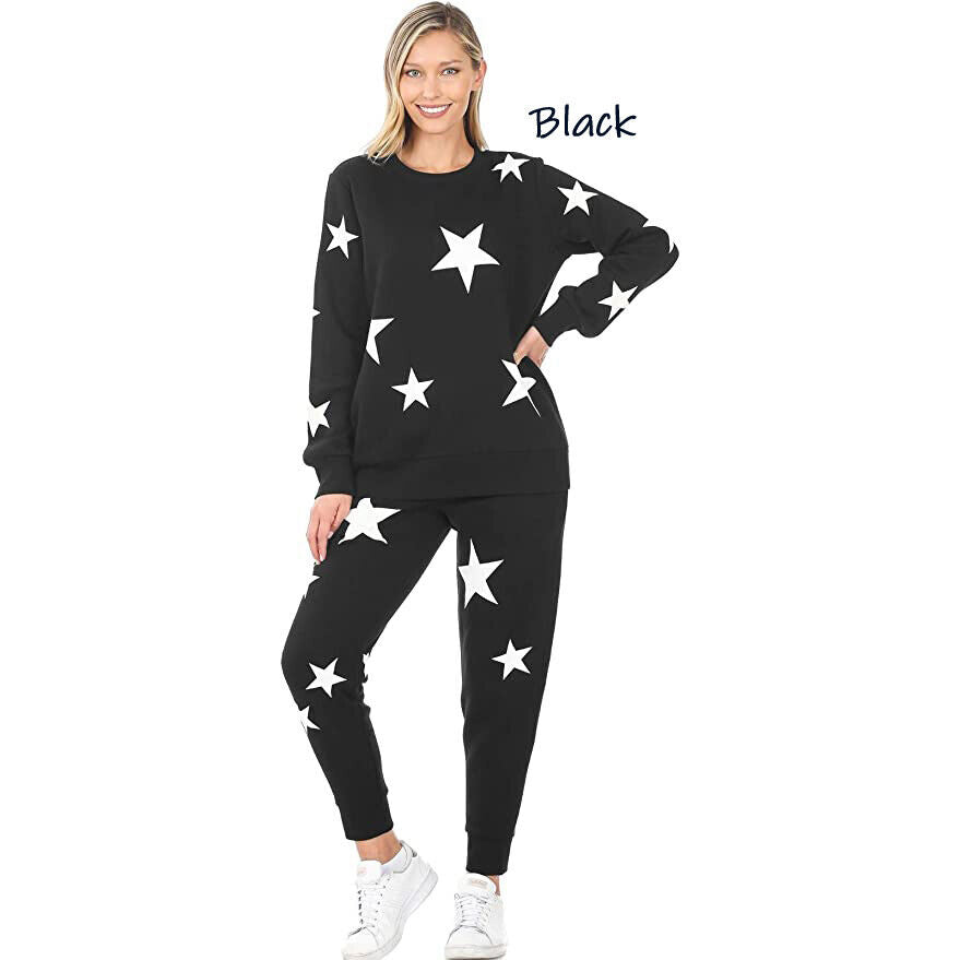 (Zenana) Star Pattern Sweatshirt & Sweatpants Set / Plain Sweatshirt