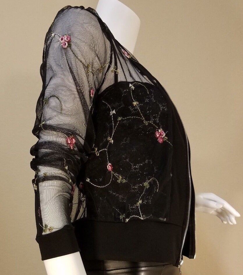 Fashion See-Through Flower Floral Zip Baseball Coat Jacket Blazer