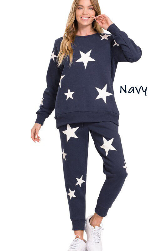 (Zenana) Star Pattern Sweatshirt & Sweatpants Set / Plain Sweatshirt