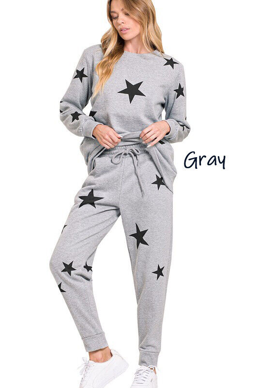 (Zenana) Star Pattern Sweatshirt & Sweatpants Set / Plain Sweatshirt