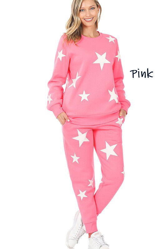 (Zenana) Star Pattern Sweatshirt & Sweatpants Set / Plain Sweatshirt